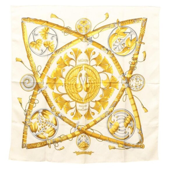HERMES Carre 90 Scarf ""DAIMYO PRINCES DU SOLEIL LEVANT"" Silk White Auth - Picture 1 of 13